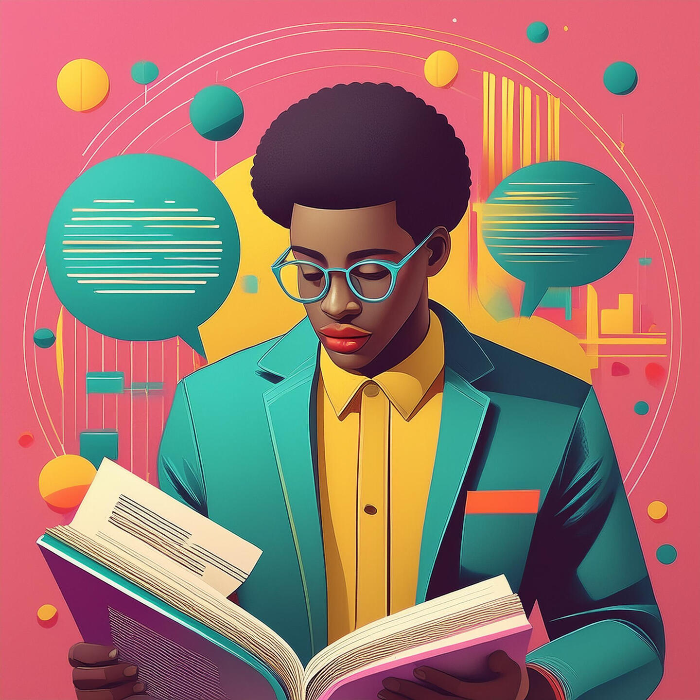 African American Researcher reading a book and conducting qualitative research.